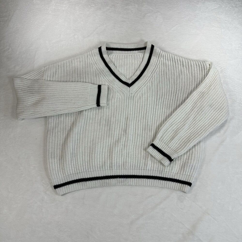 Shein White Ribbed Knit Sweater Womens L V Neck Black Trim Preppy Varsity Style